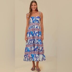 NWT Farm Rio Blue Foliage Off White Tiered Flowy Midi Sun Dress Floral Pink XXS